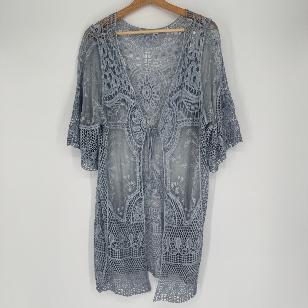Blue Island Crochet Beach Coverup Womens M Blue Sheer Cotton Lace Boho Fairycore